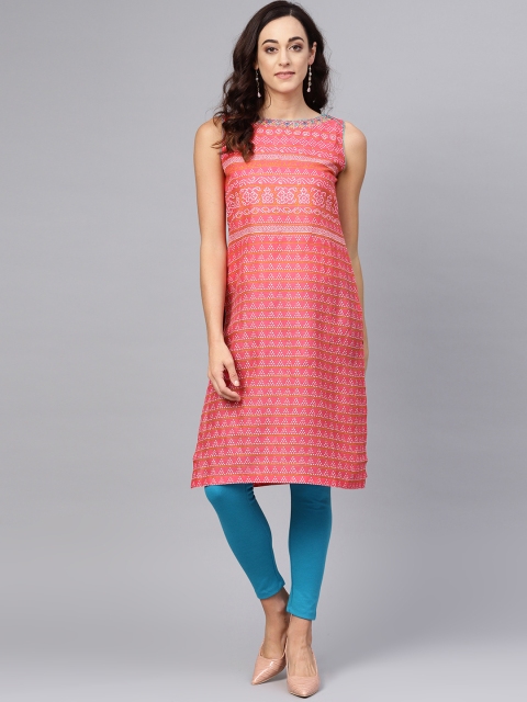 

Biba Women Pink & White Printed Straight Kurta