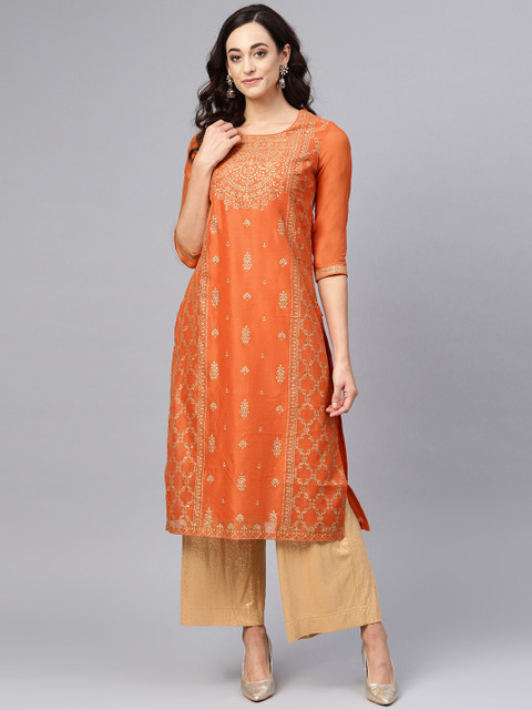 

Biba Women Rust Orange & Golden Printed Straight Kurta