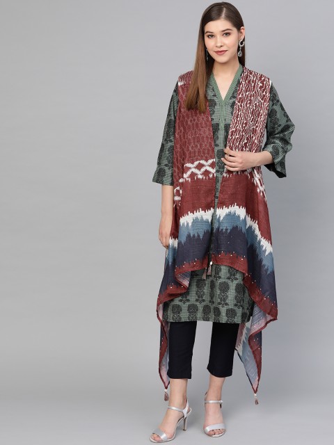 

Biba Women Green & Black Printed Straight Kurta with Ethnic Jacket