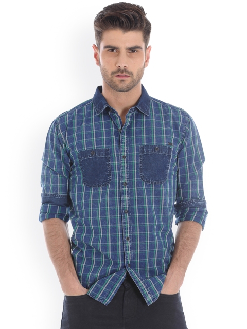 

Basics Blue & Green Checked Slim Fit Denim Casual Shirt