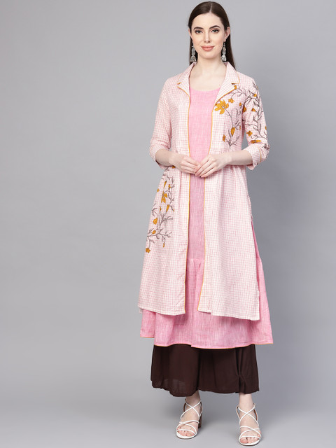 

Biba Women Off-White & Pink Checked Layered A-Line Kurta with Floral Print Detail