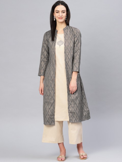 

Biba Women Charcoal Grey & Beige Printed Layered Kurta with Palazzos & Ethnic Jacket