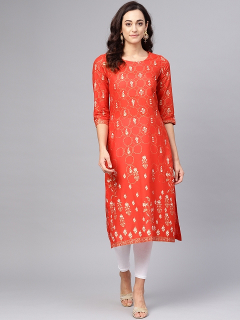 

Biba Women Red & Gold-Coloured Printed Straight Kurta