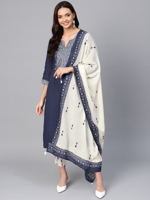 

Biba Women Navy Blue & Off-White Yoke Design Kurta with Trousers & Dupatta