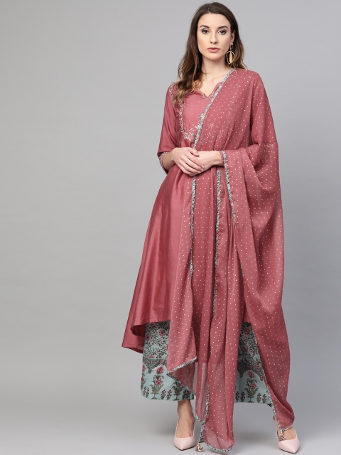 

Biba Women Rust Red & Green Yoke Design Kurta with Palazzos & Dupatta