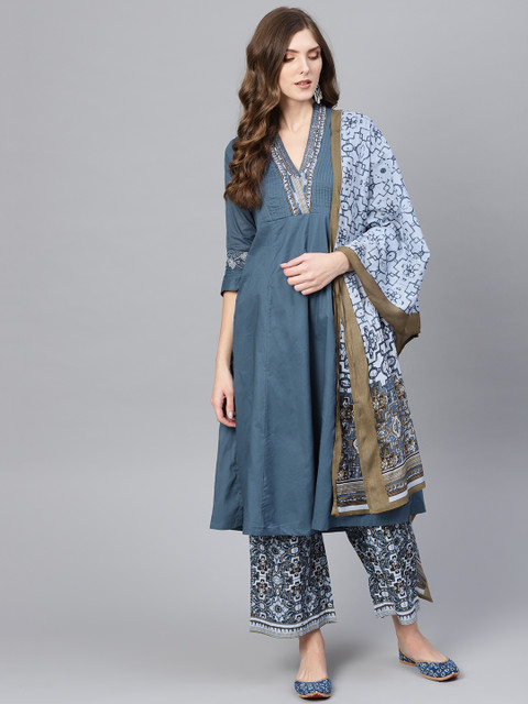 

Biba Women Blue Solid Kurta with Palazzos & Dupatta