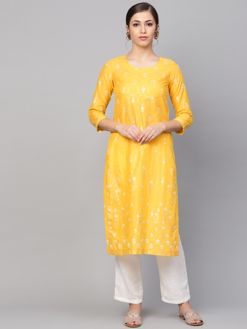 

Biba Women Yellow & Golden Printed Straight Kurta
