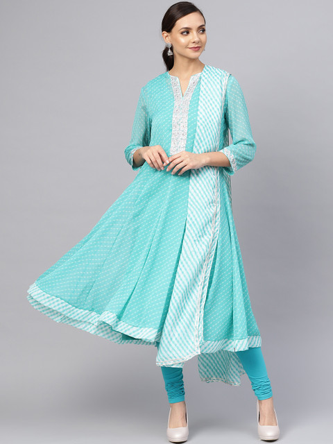 

Biba Women Turquoise Blue & White Printed Layered Kurta with Churidar & Dupatta