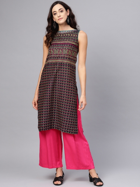 

Biba Women Navy Blue & Yellow Printed Straight Kurta