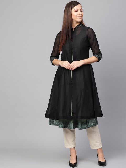 

Biba Women Black & Olive Green Solid Layered A-Line Kurta