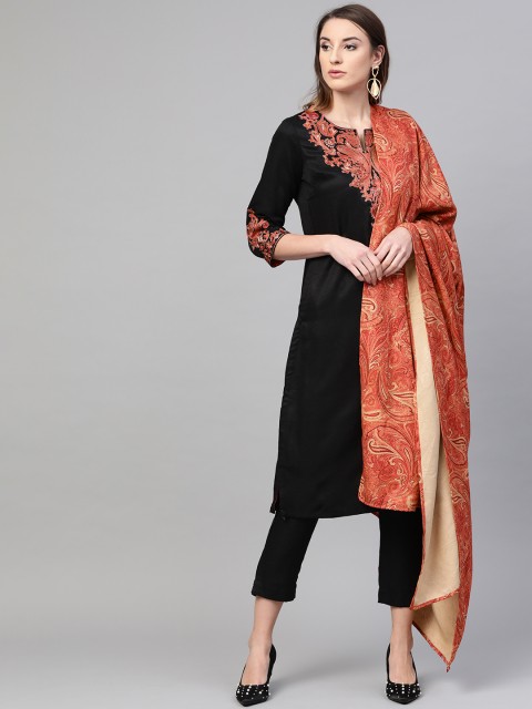 

Biba Women Black & Peach-Coloured Yoke Design Kurta with Trousers & Dupatta