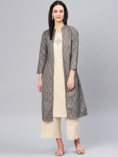 

Biba Women Charcoal Grey & Beige Printed Layered Kurta with Palazzos & Ethnic Jacket