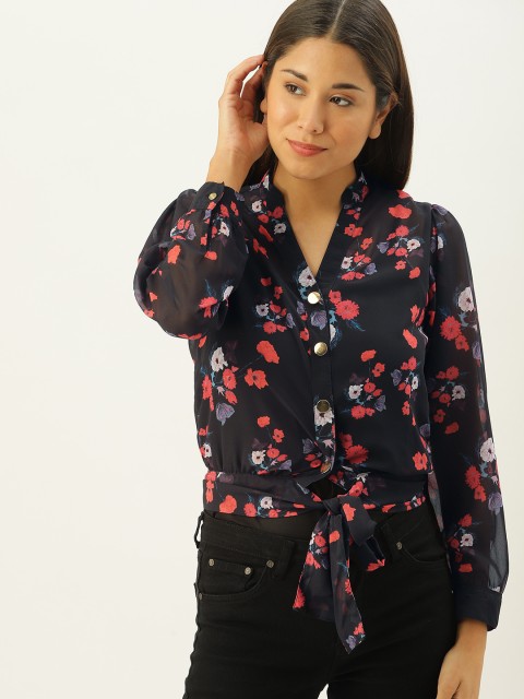 

NUSH Women Black & Red Printed Shirt Style Top