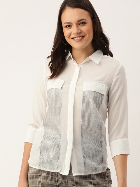 

NUSH Women White & Silver-Toned Regular Fit Solid Casual Shirt with Applique Detail