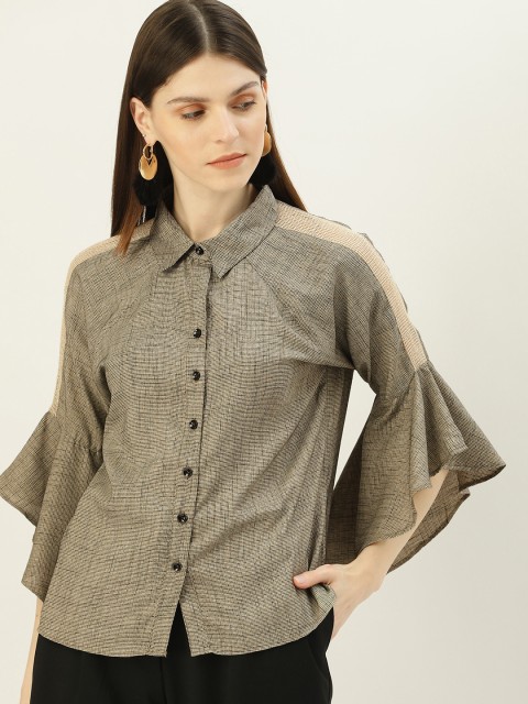 

NUSH Women Beige Self Design With Lace Inserts Shirt Style Top