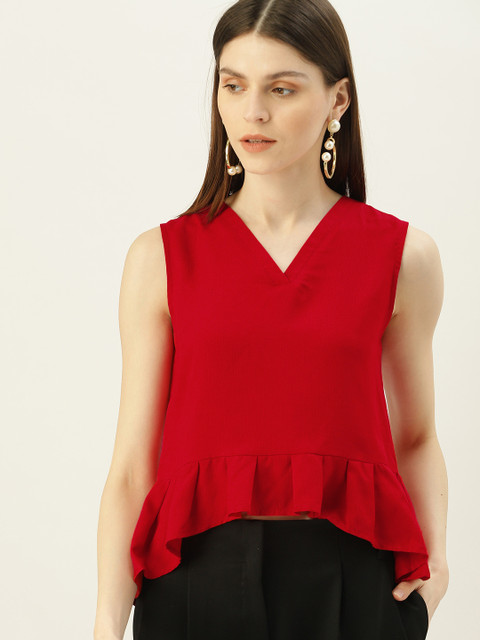 

NUSH Women Red Self Design High-Low Top