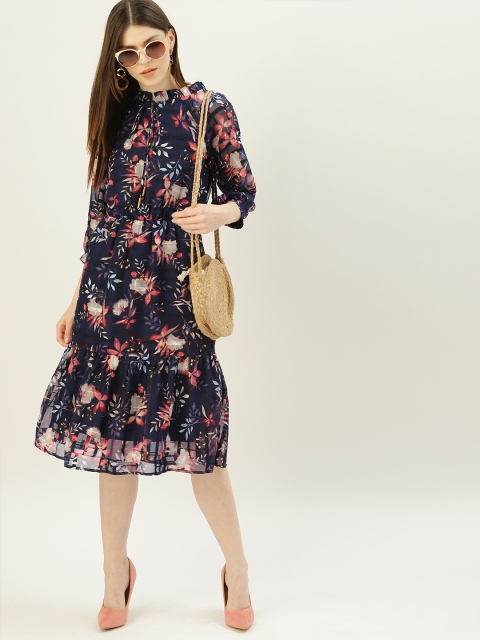 

NUSH Women Navy Blue & Pink Printed Fit and Flare Dress