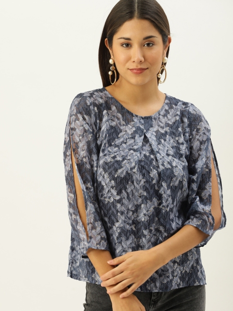 

NUSH Women Navy Blue & Grey Printed Top