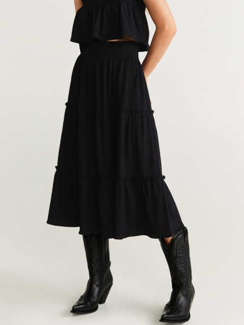 

MANGO Women Black Solid Midi Tiered Skirt