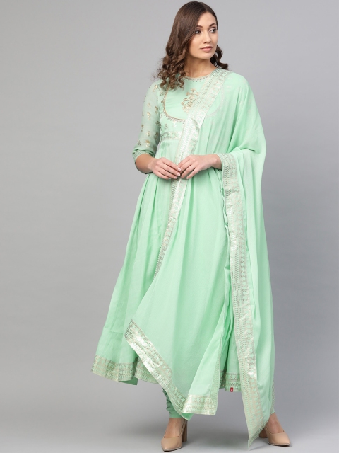 

Biba Women Mint Green Yoke Design Kurta with Churidar & Dupatta