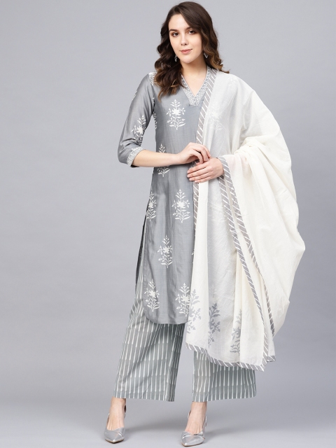 

Biba Women Grey & Off-White Printed Kurta with Palazzos & Dupatta