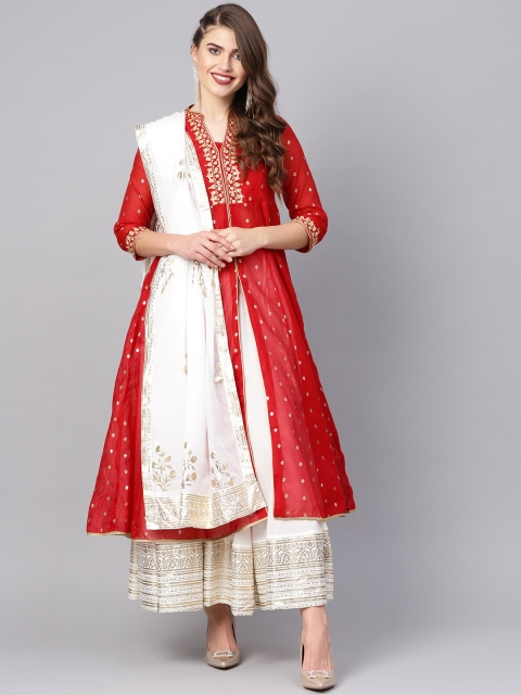 

Biba Women Red & Off-White Printed Kurta with Skirt & Dupatta