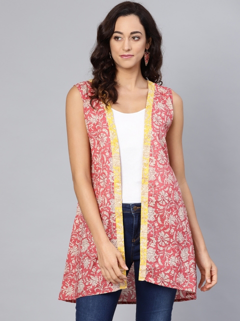 

Myshka Women Pink & Off-White Printed Open Front Shrug