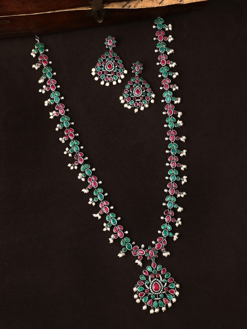 

Rubans Women Oxidised Silver-Toned & Green Stone-Studded Handcrafted Jewellery Set