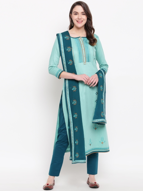 

Kvsfab Green & Teal Blue Cotton Blend Unstitched Dress Material