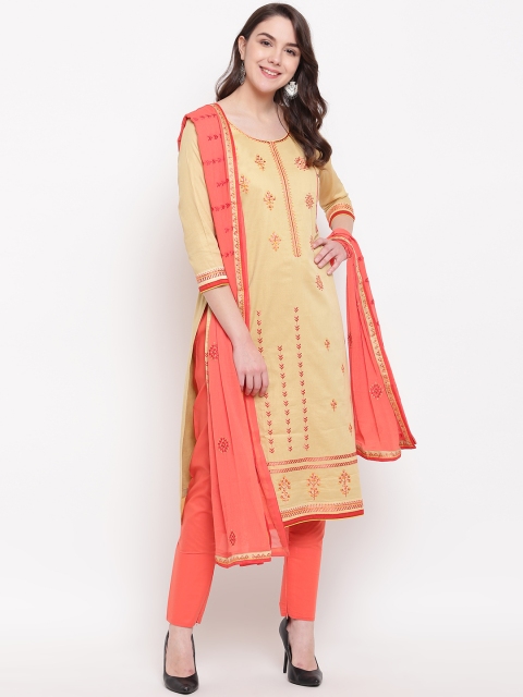 

Kvsfab Beige & Coral Orange Cotton Blend Unstitched Dress Material