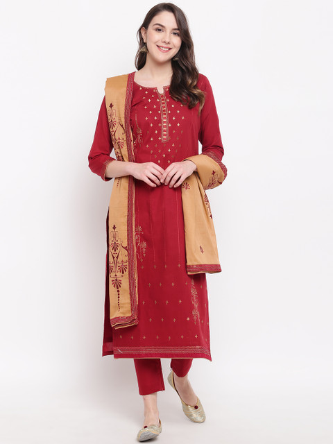 

Kvsfab Red & Brown Cotton Blend Unstitched Dress Material