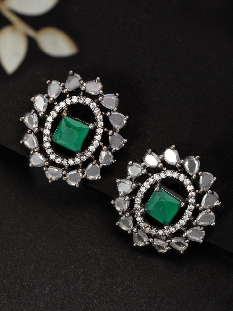 

Rubans Silver-Toned & Green Contemporary Studs