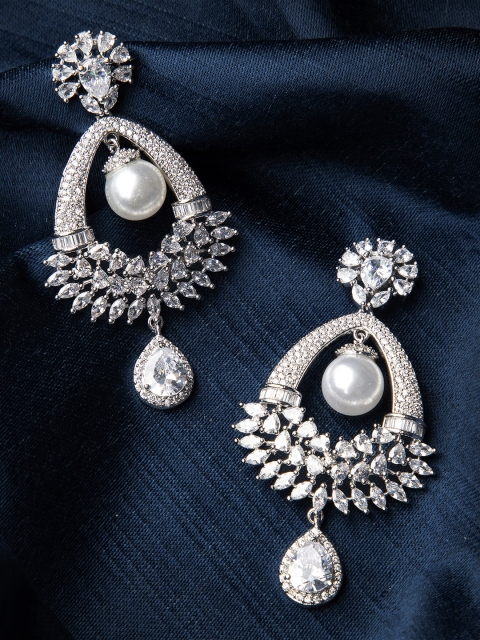 

Rubans Silver-Toned & White Elegant Pearl CZ Studded Leaf Shaped Drop Earrings