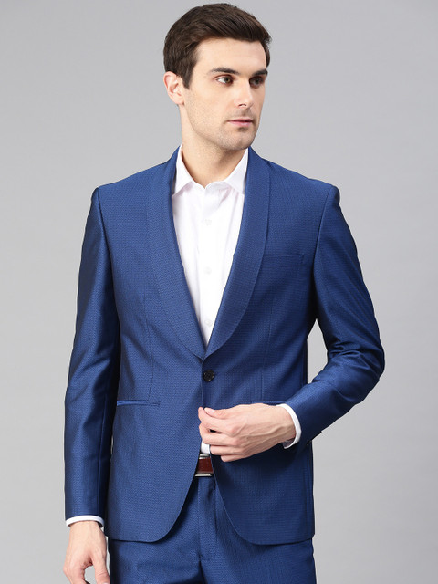 

Peter England Men Blue Self Design Neo Slim Fit Blazer