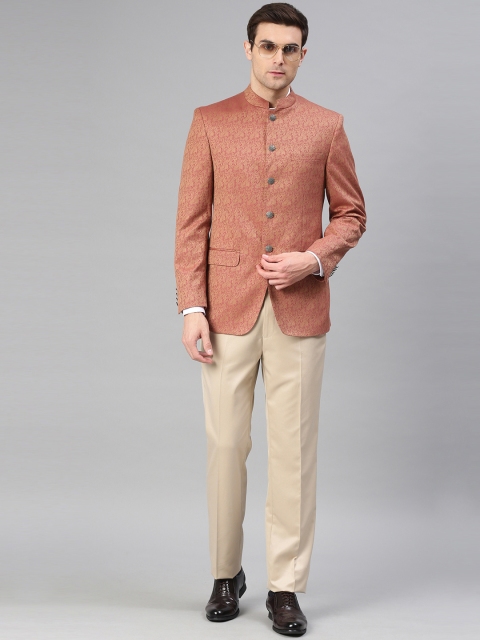 

Peter England Men Rust Pink & Beige Self Design Neo Slim Fit Single-Breasted Formal Suit