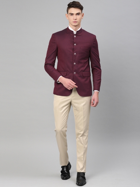 

Peter England Men Maroon & Beige Self Design Neo Slim Fit Single-Breasted Formal Suit