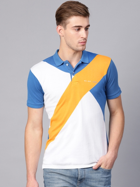 

Peter England Casuals Men White & Blue Colourblocked Polo Collar T-shirt