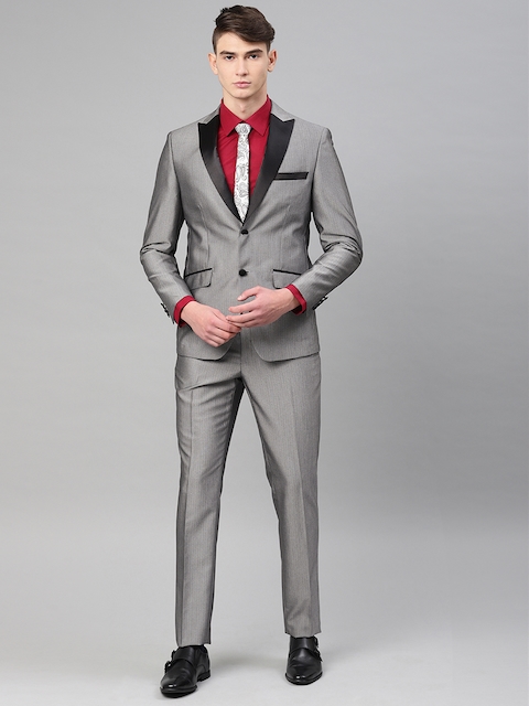 Peter England Men Grey Self Design Neo Slim Fit Single-Breasted Tuxedo