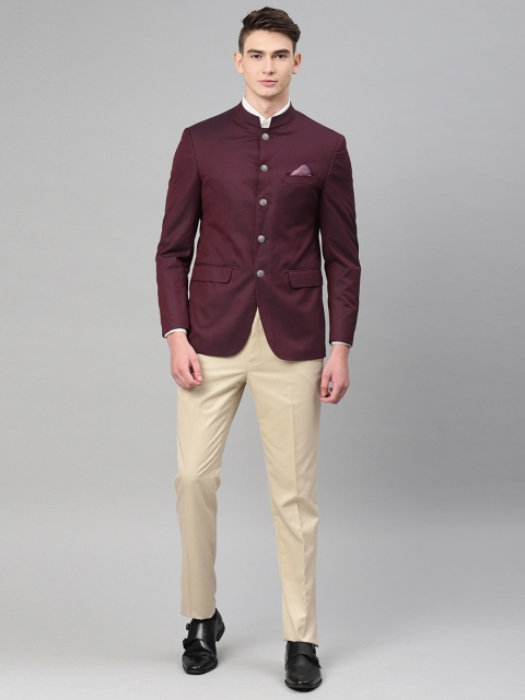 

Peter England Men Burgundy & Beige Self Design Tailored Fit Bandhgala