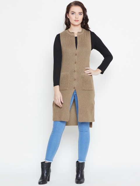 

American Eye Women Beige Ribbed Longline Cardigan