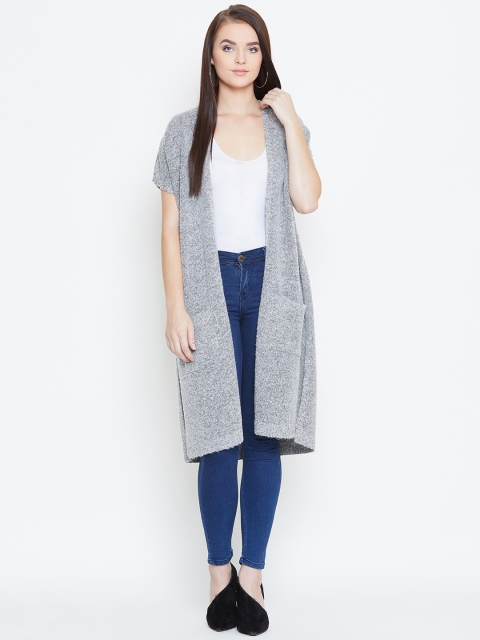 

American Eye Women Grey Melange Solid Longline Front-Open Sweater