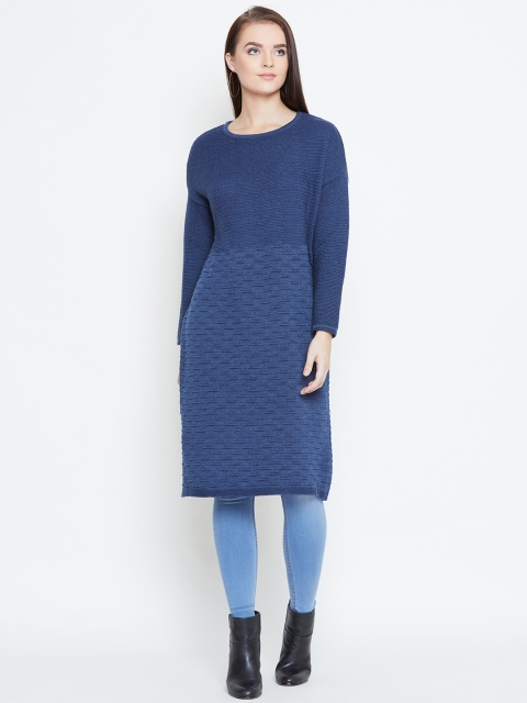 

American Eye Women Navy Blue Self Design Longline Sweater