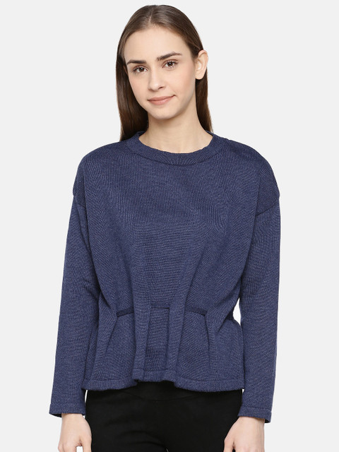 

American Eye Women Navy Blue Solid Cinched Waist Sweater