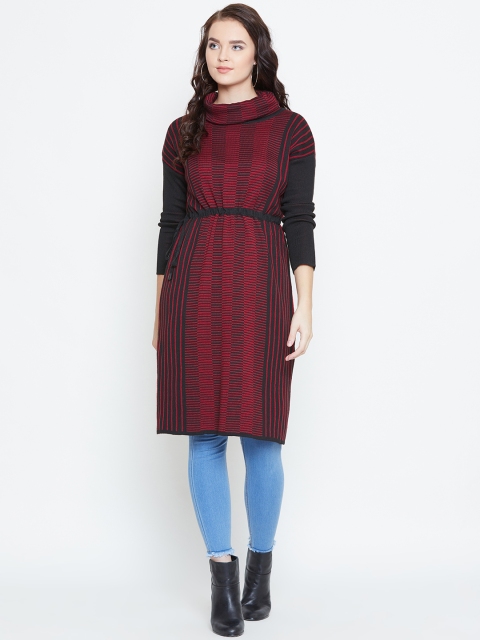 

American Eye Women Red & Black Striped Longline Sweater