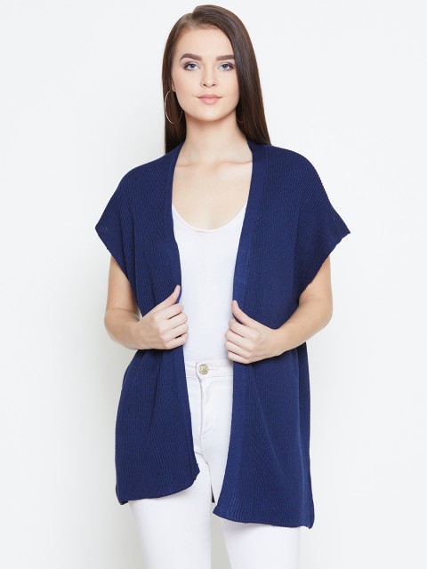 

American Eye Women Navy Blue Ribbed Front Open Sweater