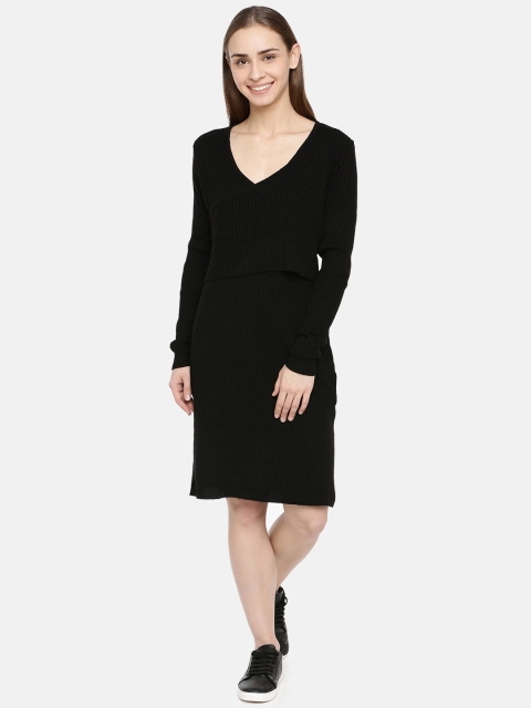 

American Eye Women Solid Black A-Line Sweater Dress