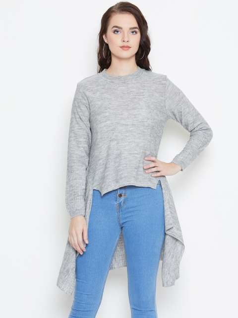 

American Eye Women Grey Melange Solid High-Low Sweater