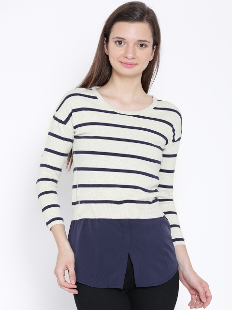 

Wills Lifestyle Cream-Coloured & Navy Layered Striped Top