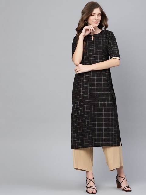 

Libas Women Black & Golden Checked Straight Kurta