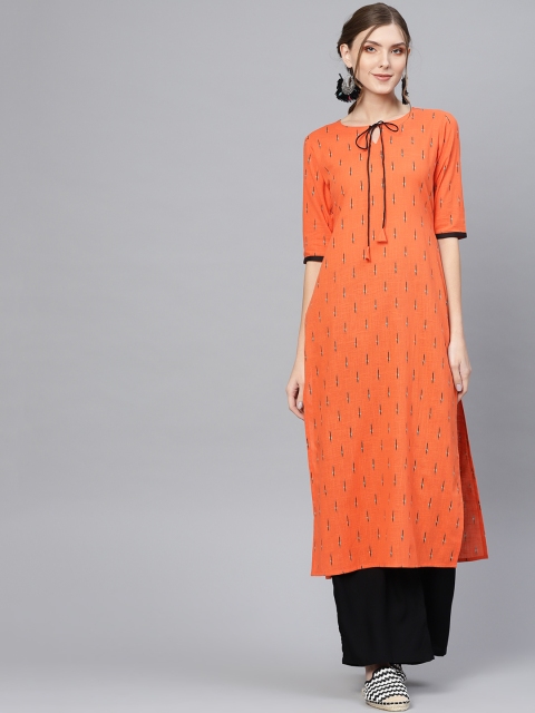 

Libas Women Orange & Black Printed Straight Kurta